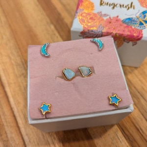 Customer photo, Dainty Star Kyocera Opal Stud Earrings