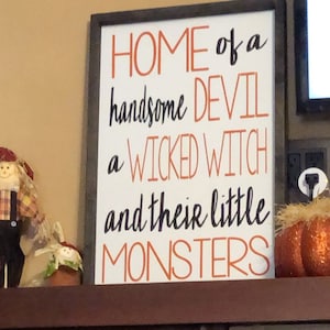 Wicked Witch Little Monsters Handsome Devil Live Here - Personalized Witch Shaped Wood Sign - Gift For Couple, Husband Wife, Gift For Pet Lovers, Halloween Gift