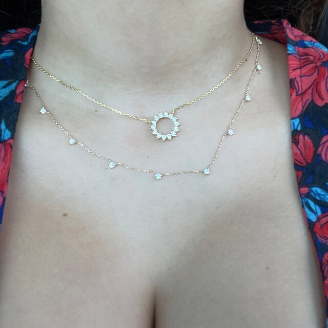 14k Gold Diamond Station Necklace  5 Stone Prong Set