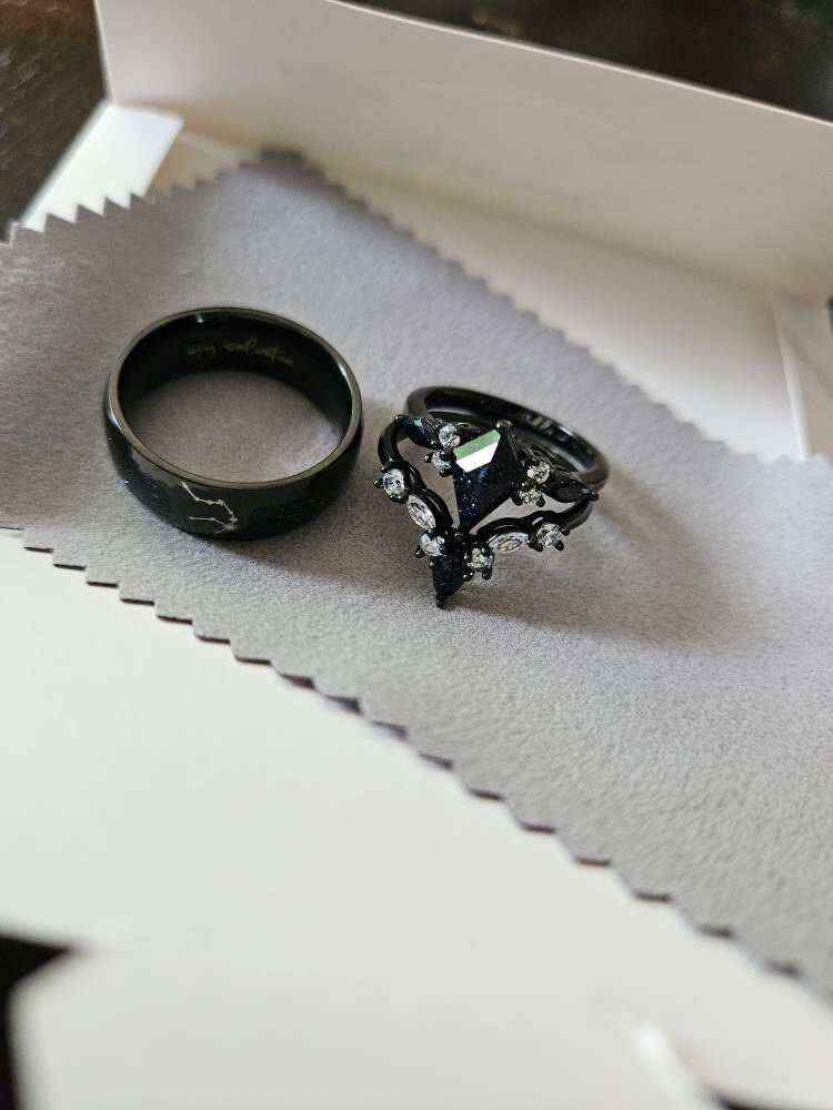 Nebula Couple&#39;s Ring Set, 3pc Wedding Band Set, Customize Constellations Rings, Blue Sandstone Ring Engagement Ring Wedding Anniversary Gift