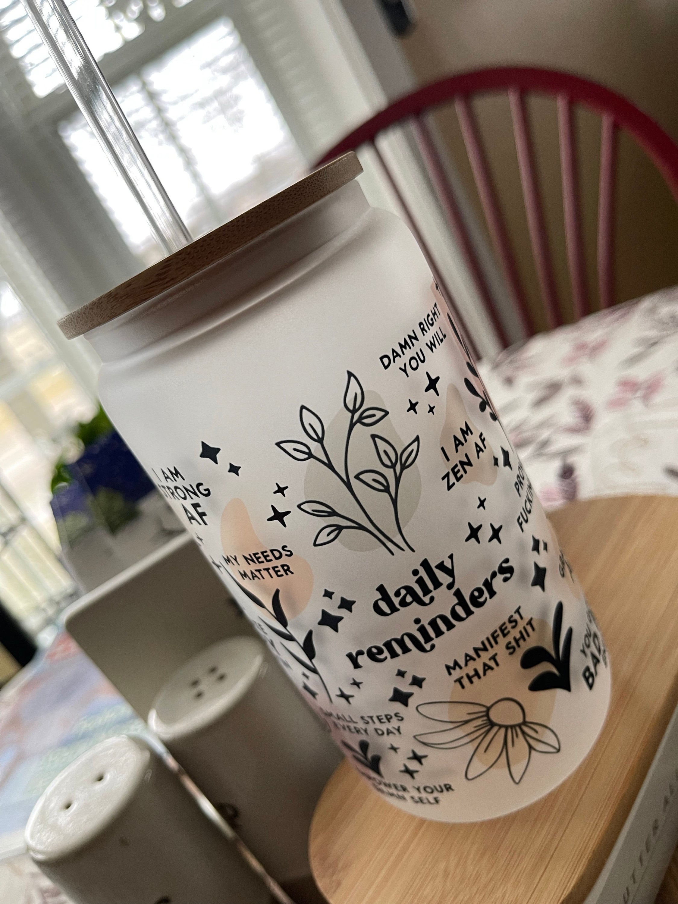 Mental Health Tumbler with Lid and Straw, Daily Affirmations Glass Cup, 16oz Daily Affirmations Tumbler, Gift for Her/Bestie, Soul Sister, BFF, Best Friend Tumbler