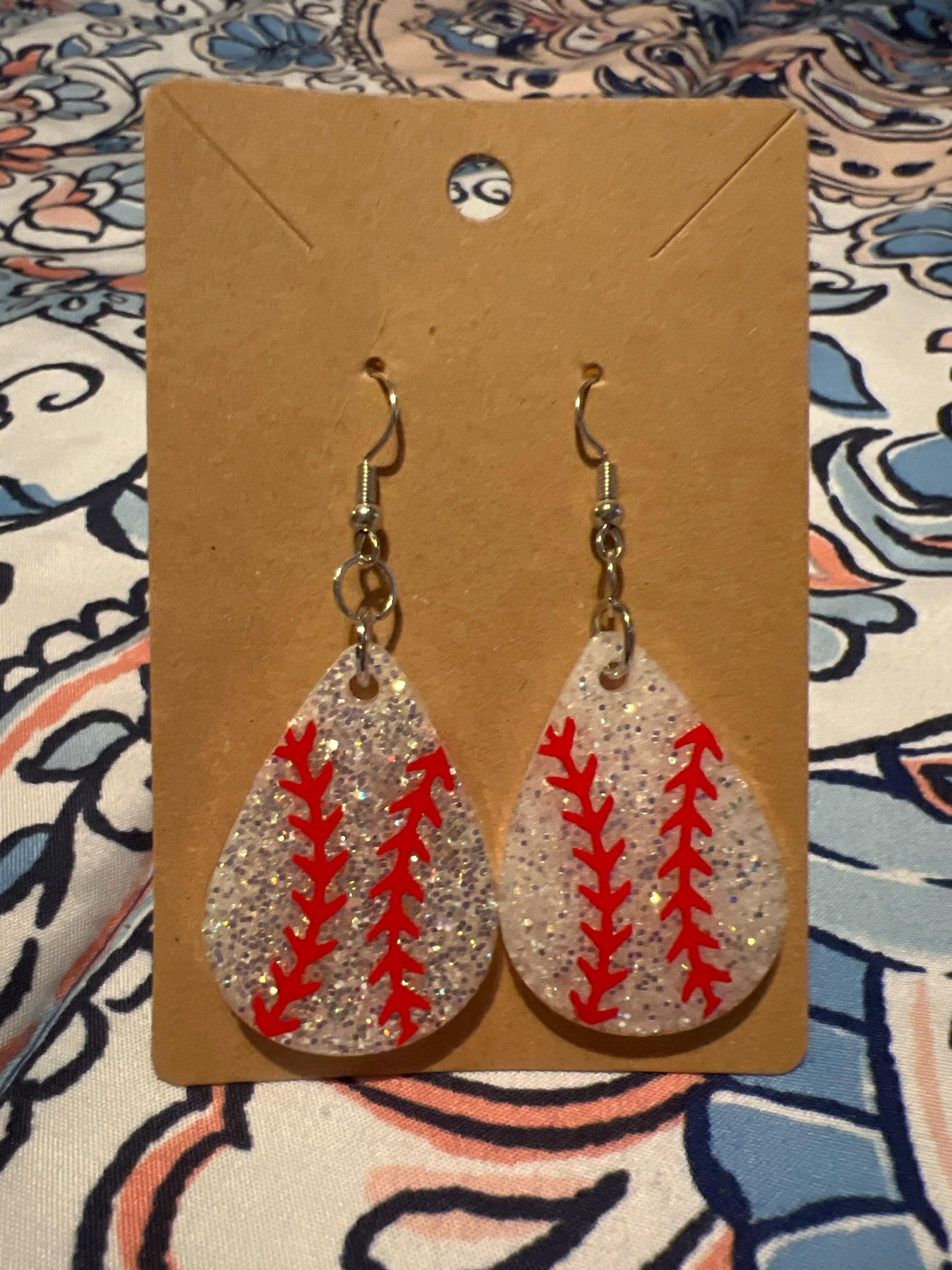 Baseball Teardrop Shaped Glitter Epoxy Earrings