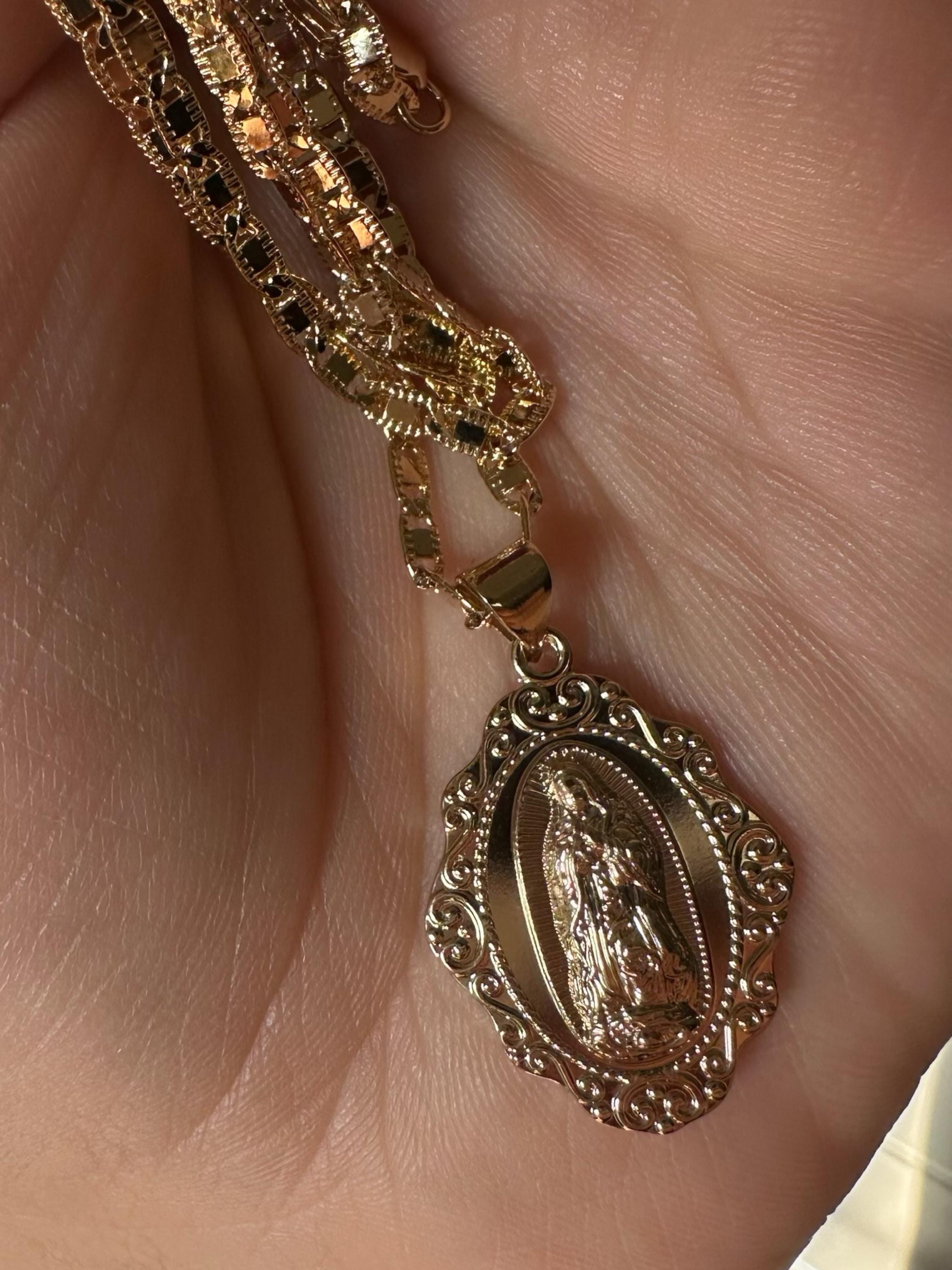 Gold Virgin Mary Necklace, Guadalupe Necklace, 2mm Fancy Flat Chain, 14k Heavy Plated Gold, High Quality, Lifetime Replacement Guarantee