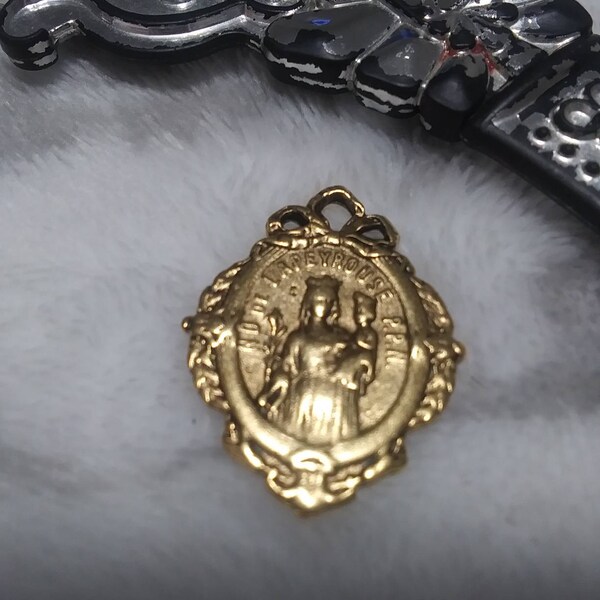 French Mary Medal With Bow, Notre Dame of Lapeyrouse, Antiqued Gold ...