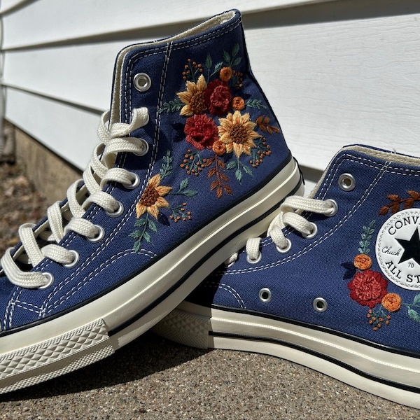 Wedding Converse for Bride, Fall Rustic Flower Embroidered Converse ...