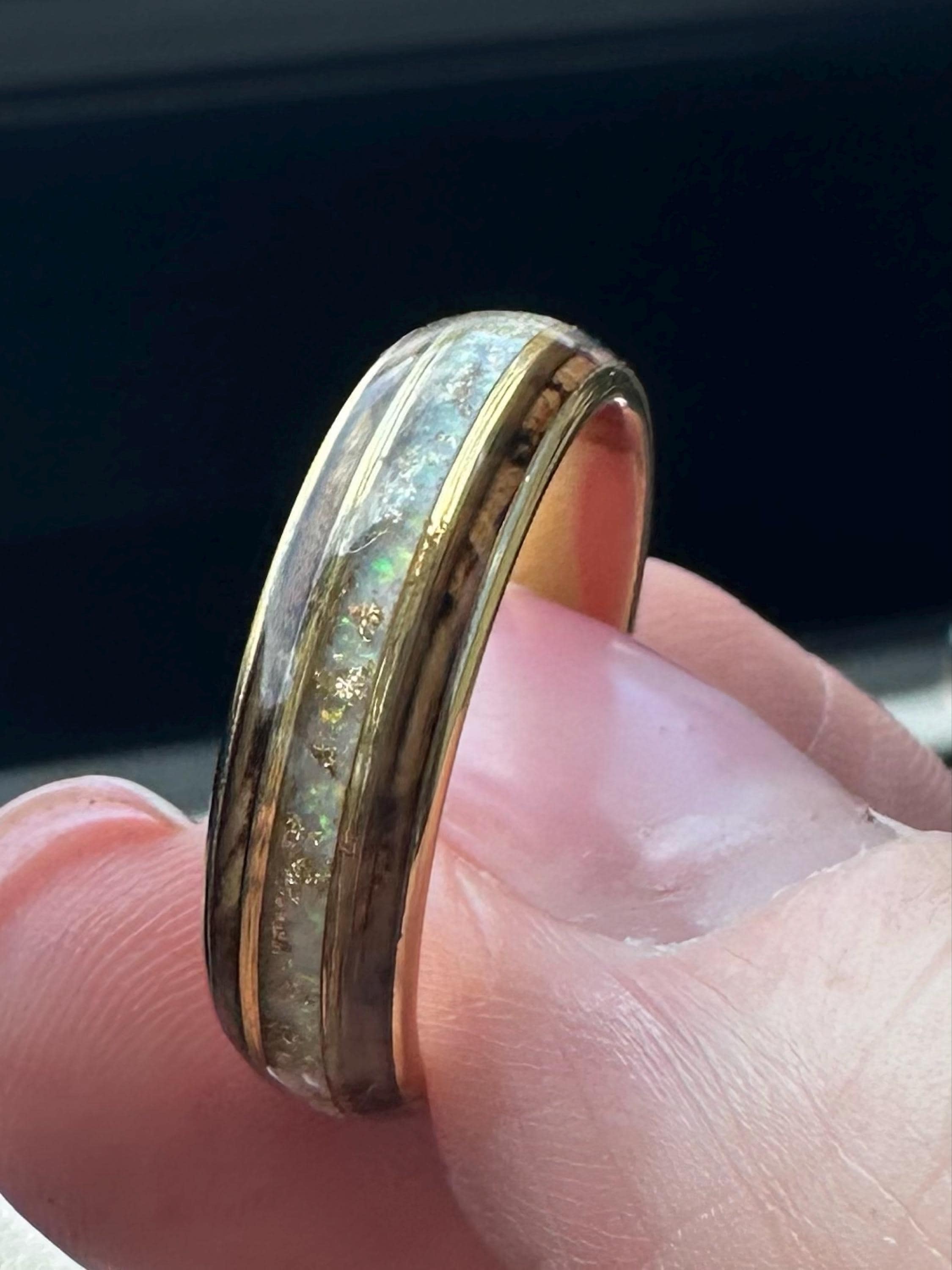 Whiskey Barrel Ring with Gold and Opal Accent Mens Engagement Promise or Wedding Band. Wood Wedding Ring with whiskey wood, opal and gold