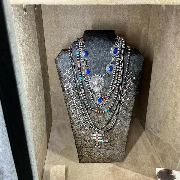 Cowhide jewelry stand with necklace