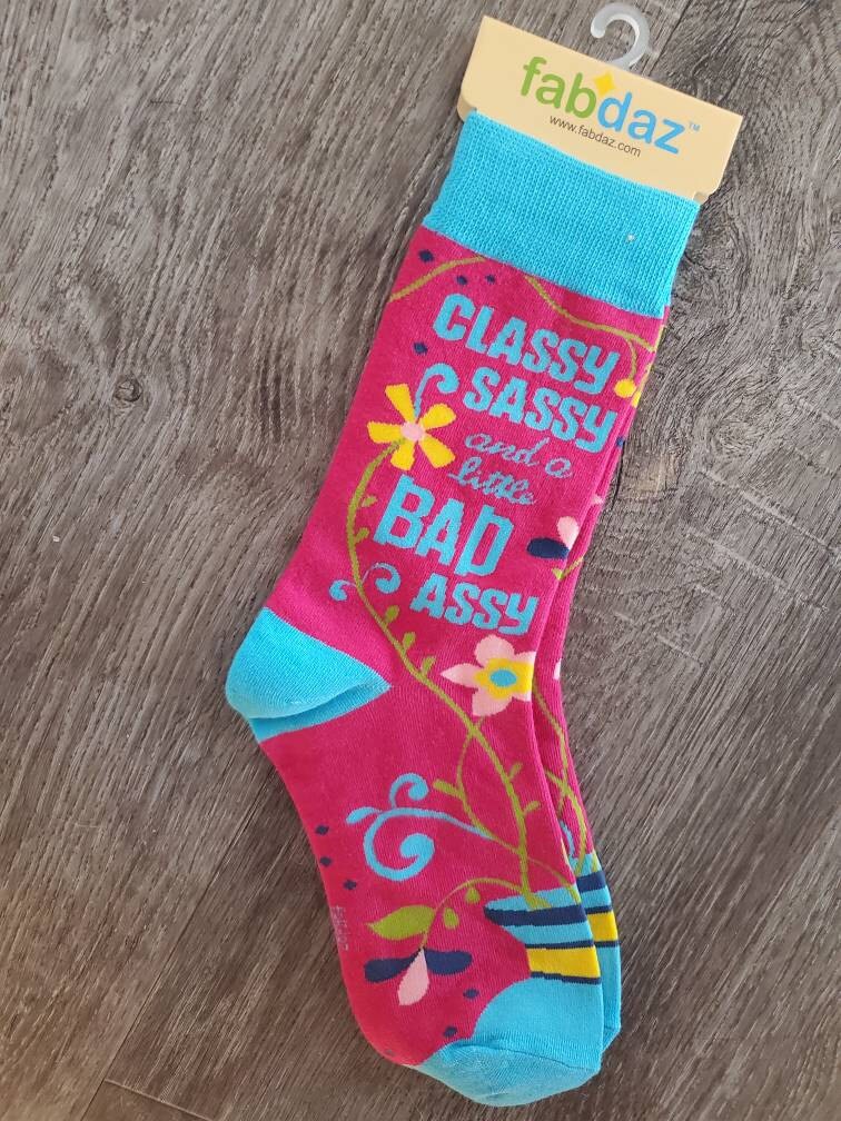 Classy Sassy and a Little Bad Assy Women&#39;s Crew Socks | Sassy socks | Gift for her | Sarcastic Cute Socks | Witty & Cute Phrases For Women