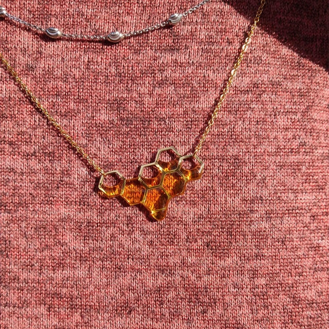 Gold Dripping Honey Necklace, HGN1, Honeycomb Bee