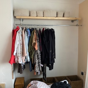 Industrial Clothes Rail With Solid Wood Shelf Tee Style Urban, Vintage ...