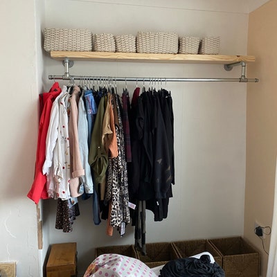 Industrial Clothes Rail With Solid Wood Shelf Tee Style Urban, Vintage ...