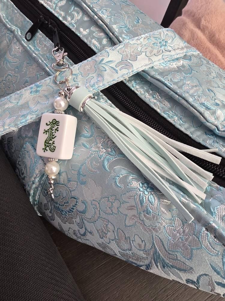 Handmade Mahjong Tile Bag Charm With Tassel, Mixed Beads Keychain Accessory, Cute Gift For Mahjong Lovers