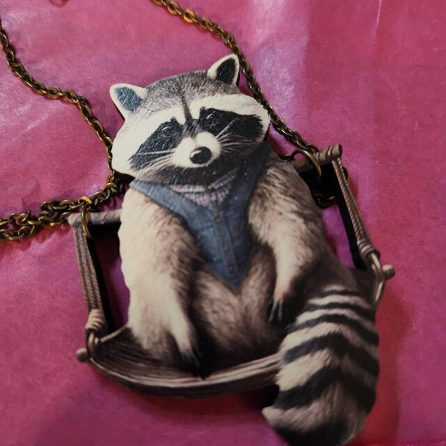 HANG ON ++ Statement Whimsical Wooden Raccoon on Swing HANG ON ++ Statement Whimsical Wooden Raccoon on Swing