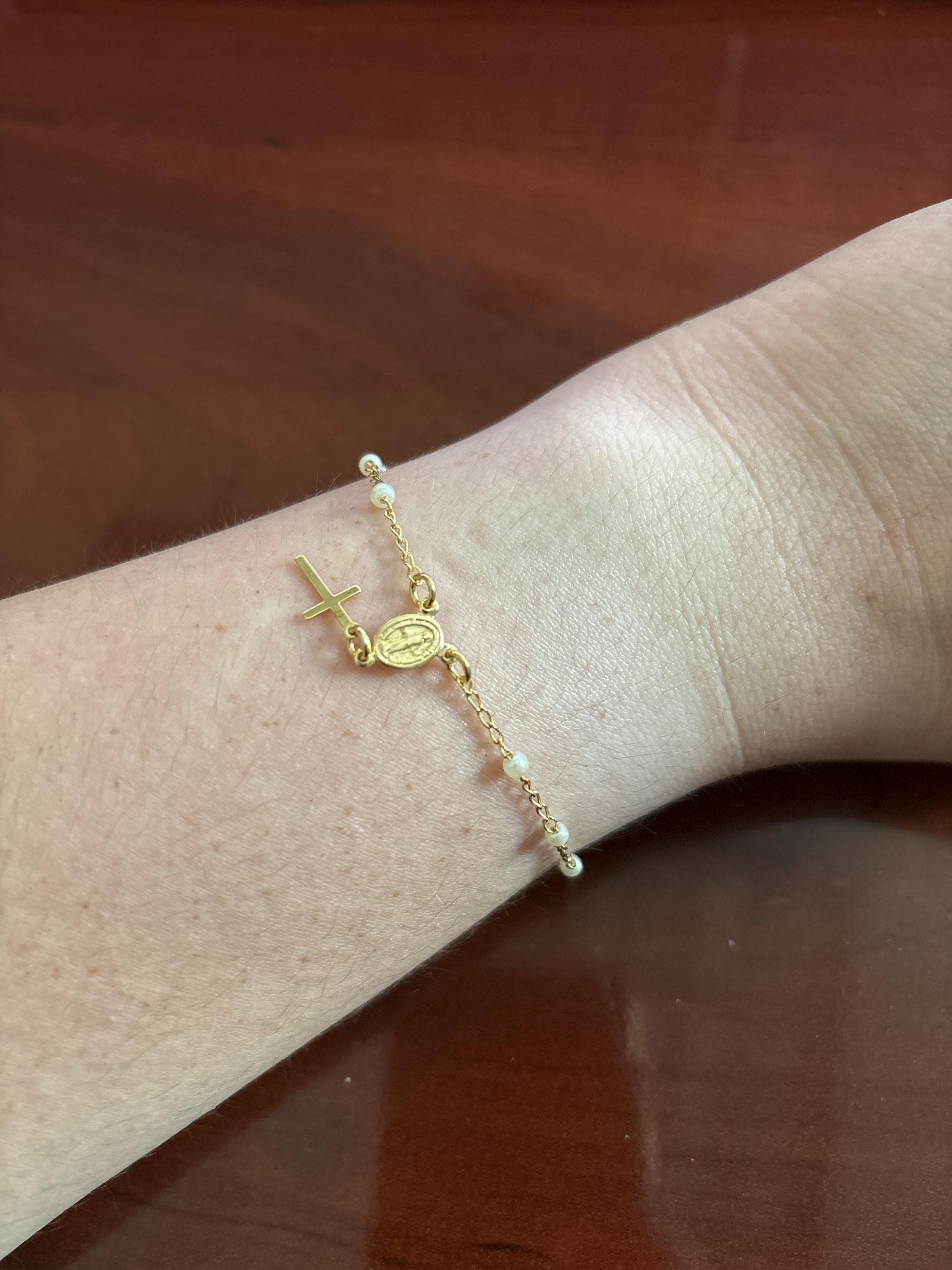 18k Dainty Gold Filled Beaded Pearl Satellite Rosary Bracelet with Virgin Mary and Crucifix Charm