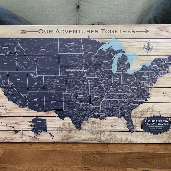 Rustic Push Pin USA Map Personalized Canvas, Travel Gift, United States ...