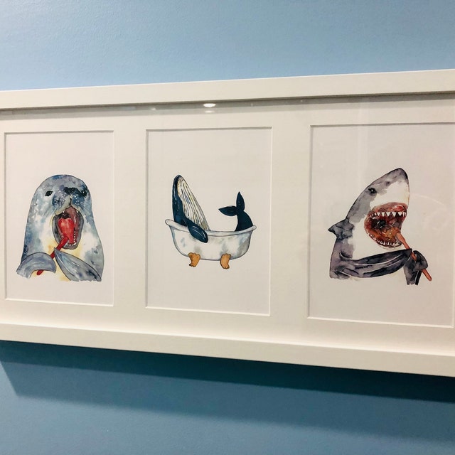 波とサメの油絵 くじらとサメ」原画作品 – HERALBONY