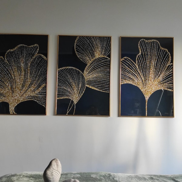 Navy Blue and Gold Wall Art , Set of 3 Prints, Botanical Leaves Art ...