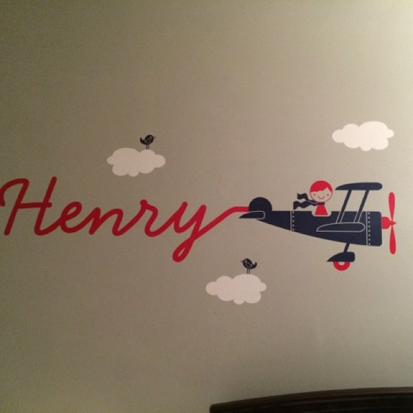 Airplane Boy Name Fabric Wall Decal Personalized Skywriter Cursive ...