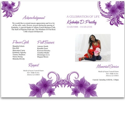 Purple Flower Funeral Program Template Printable Memorial Program Ms ...
