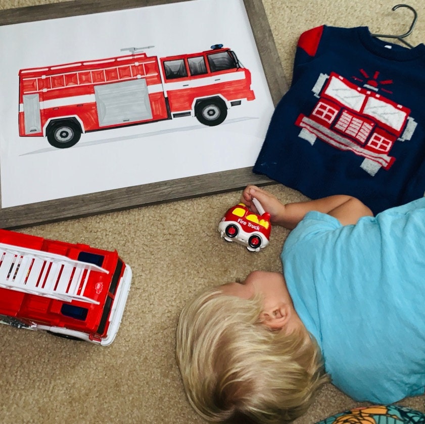 Firetruck wall decor | Fire truck watercolor | Printable art