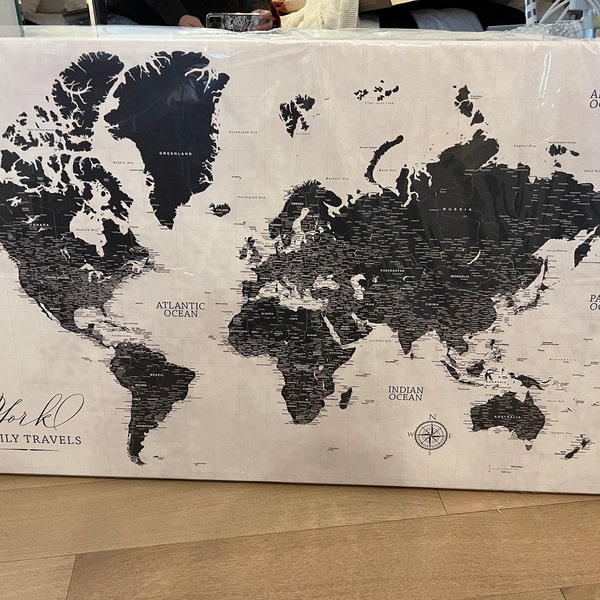Smoked Black & White Push Pin World Map Custom Canvas, Large Wall Art ...