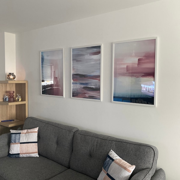 Set of 3 Abstract Art Prints, Navy Blue & Blush Pink Wall Art, Modern ...