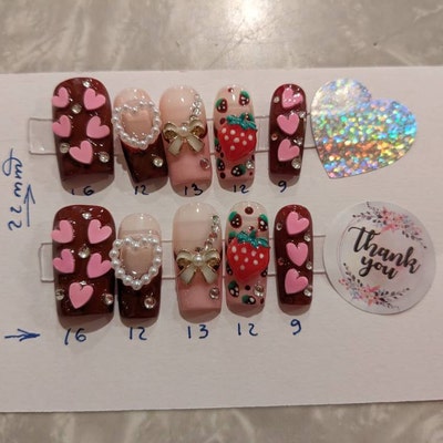 Black and Pink Press on Nails, Luxury Press on Nails, Crystal Black Nails, Press on Nails Long