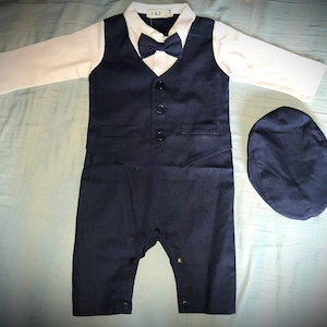 Baby Boy Christening Wedding 1pc All in One Navy Linen Long and Short ...