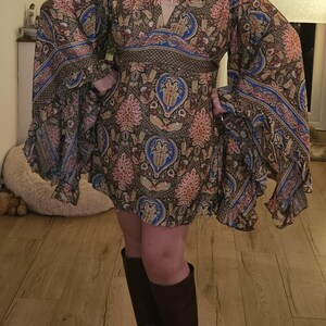 Boho 60's 70's Silk Flared Sleeve Mini Dress. Bell Sleeve
