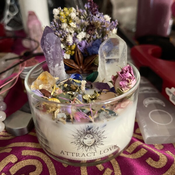 Attract Love Intention Candle Packed With Crystals, Herbs & Flowers ...