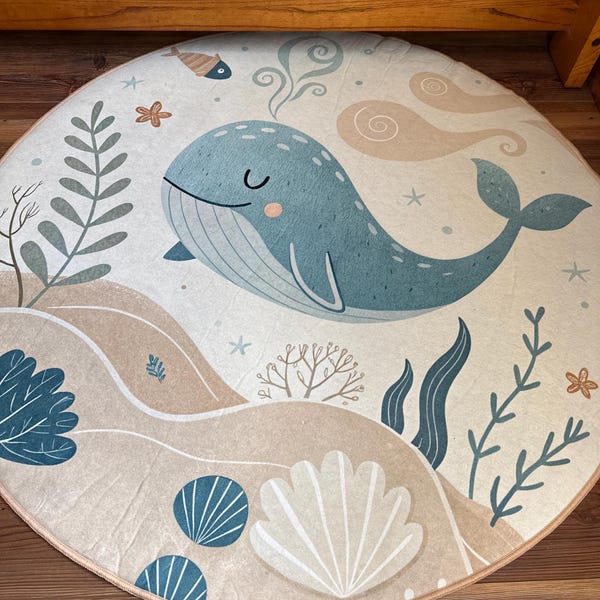 Underwater Whale Round Kids Rug - Ocean Themed Nursery Carpet for ...