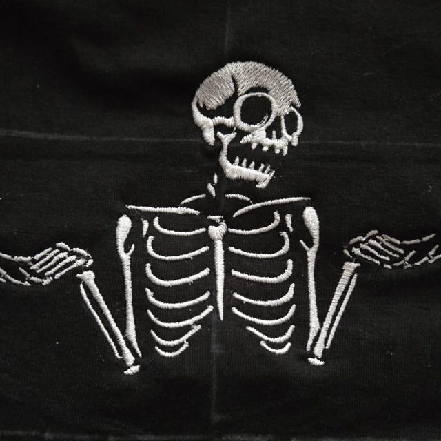 Embroidery: Shrugging Skeleton Design for Download - 4, 5, and 6