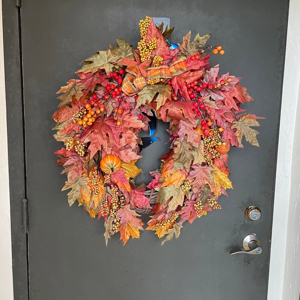 Fall Maple Leaves Wreath With Pumpkins, Front Door Wreath for Autumn ...
