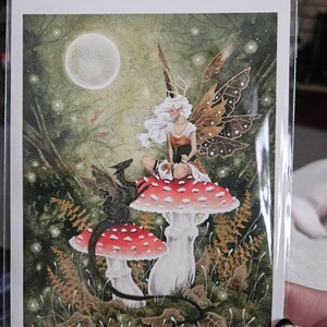 妖精アートの水彩画プリント - 秋のキノコ - ファンタジーアート