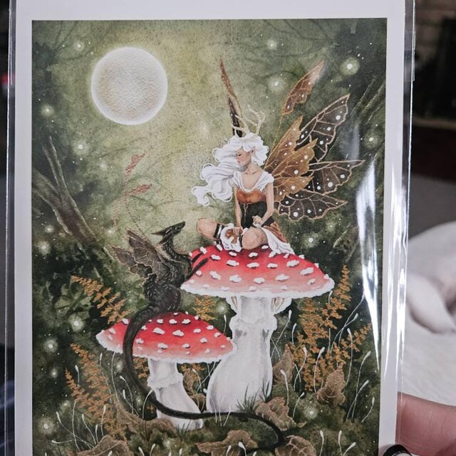 妖精アートの水彩画プリント - 秋のキノコ - ファンタジーアート