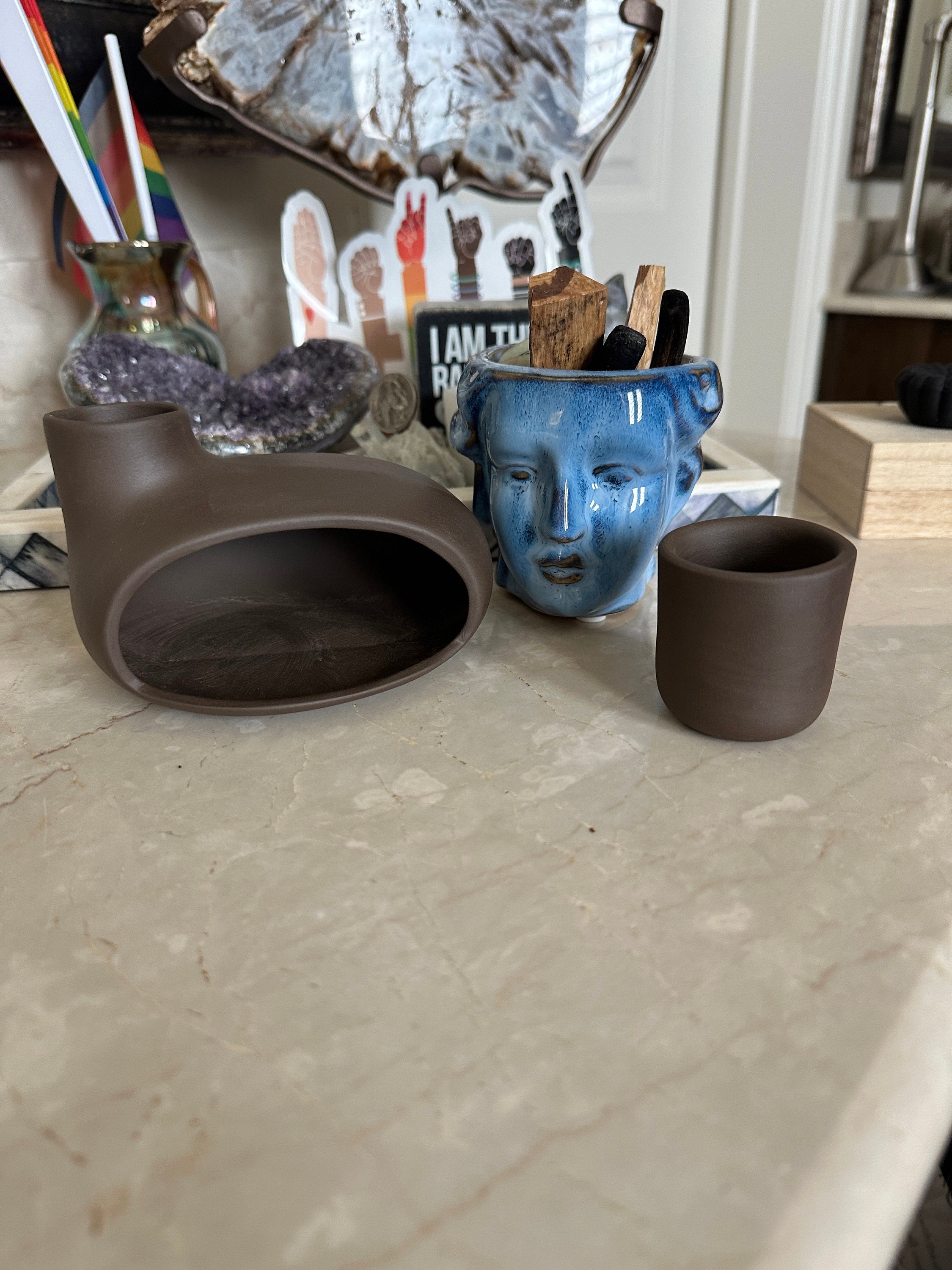 Palo Santo Holder & Matchstick Holder Set, Cone Incense Burner, Handmade Modern Ceramic Chiminea Incense Holder, Meditation Gift