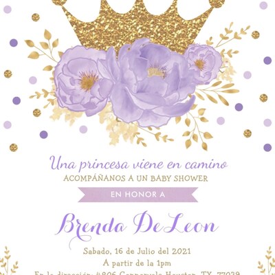 Purple Gold Crown Princess Baby Shower Invitation Template. Lavender ...