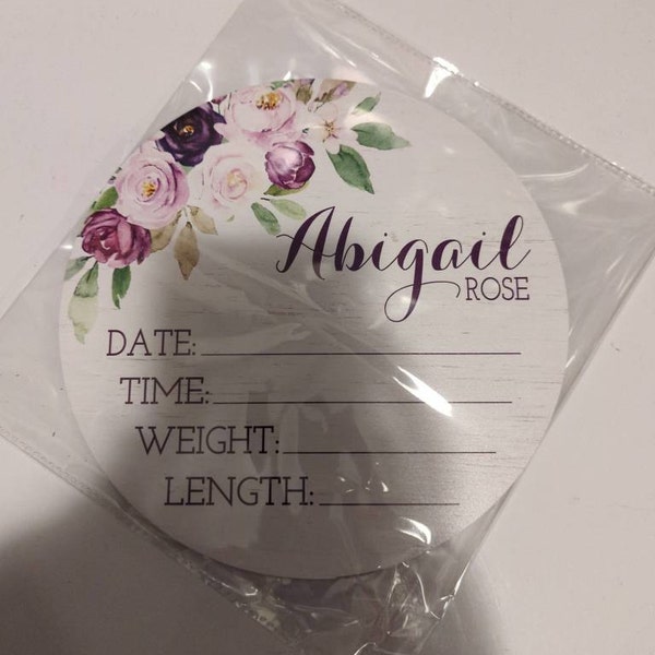Purple Floral Birth Stats Round Wood Baby Name Sign Wooden Personalized ...