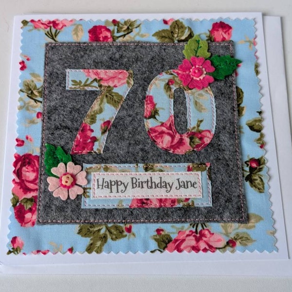 Handmade 70th Birthday Card - Personalised Option - Fabric Card - Etsy UK