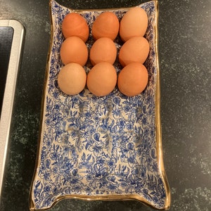 Blue and Gold Ceramic Egg Tray, Housewarming Gift, Unique Handmade