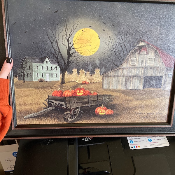 Spooky Harvest Moon by Billy Jacobs 16x20 Bat Ghost Wagon Jack Lantern ...
