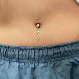 Tiny Leaf Belly Button Piercing Silver / Gold Navel Ring With Light Blue  Beads. Amazing Body Jewelry to Complete a Wedding Look 