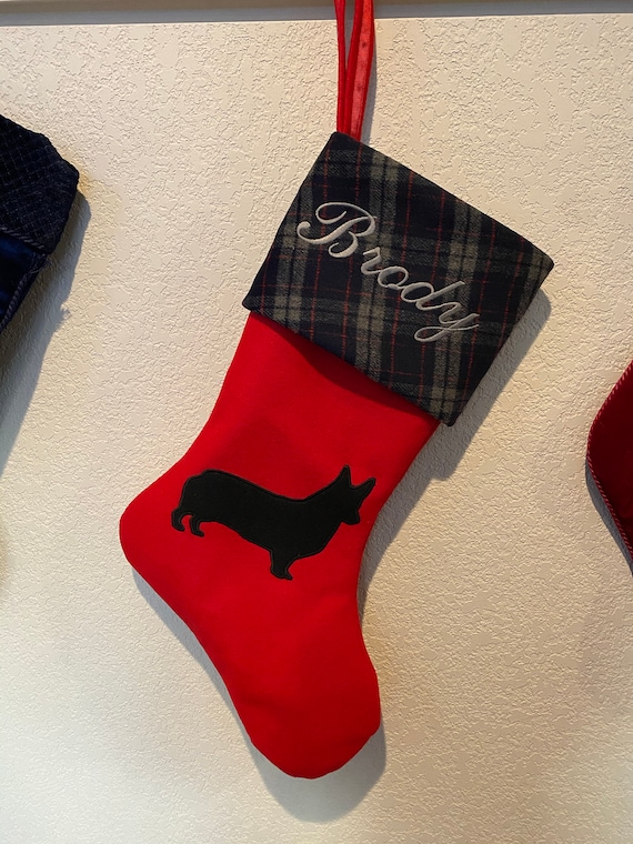Customer photo of a pet with the Corgi Christmas Stocking with Corgi Applique