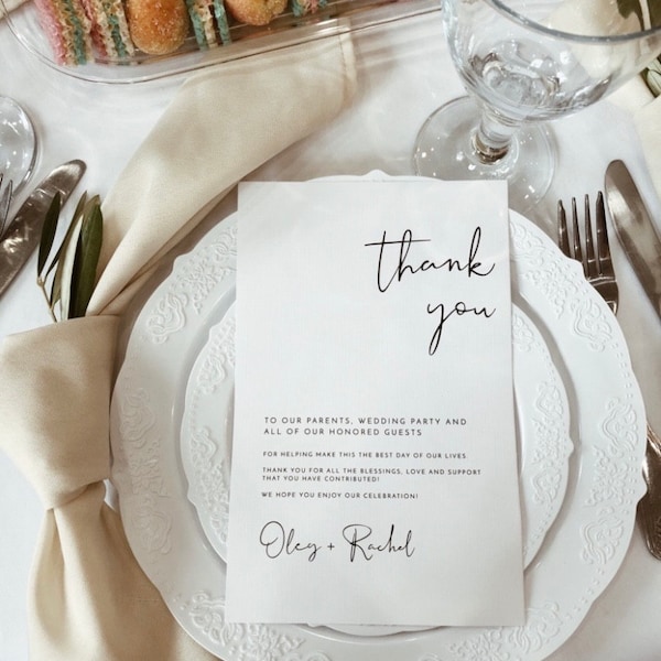 Minimalist Wedding Table Thank You Card Template, Wedding Napkin Note ...