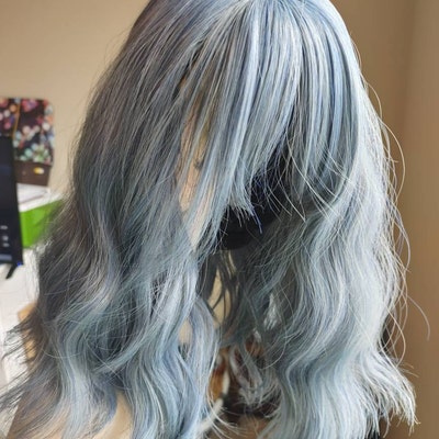 Ash Blue Gray Wavy Wig With Bangs Her Wig Closet Stacy - Etsy