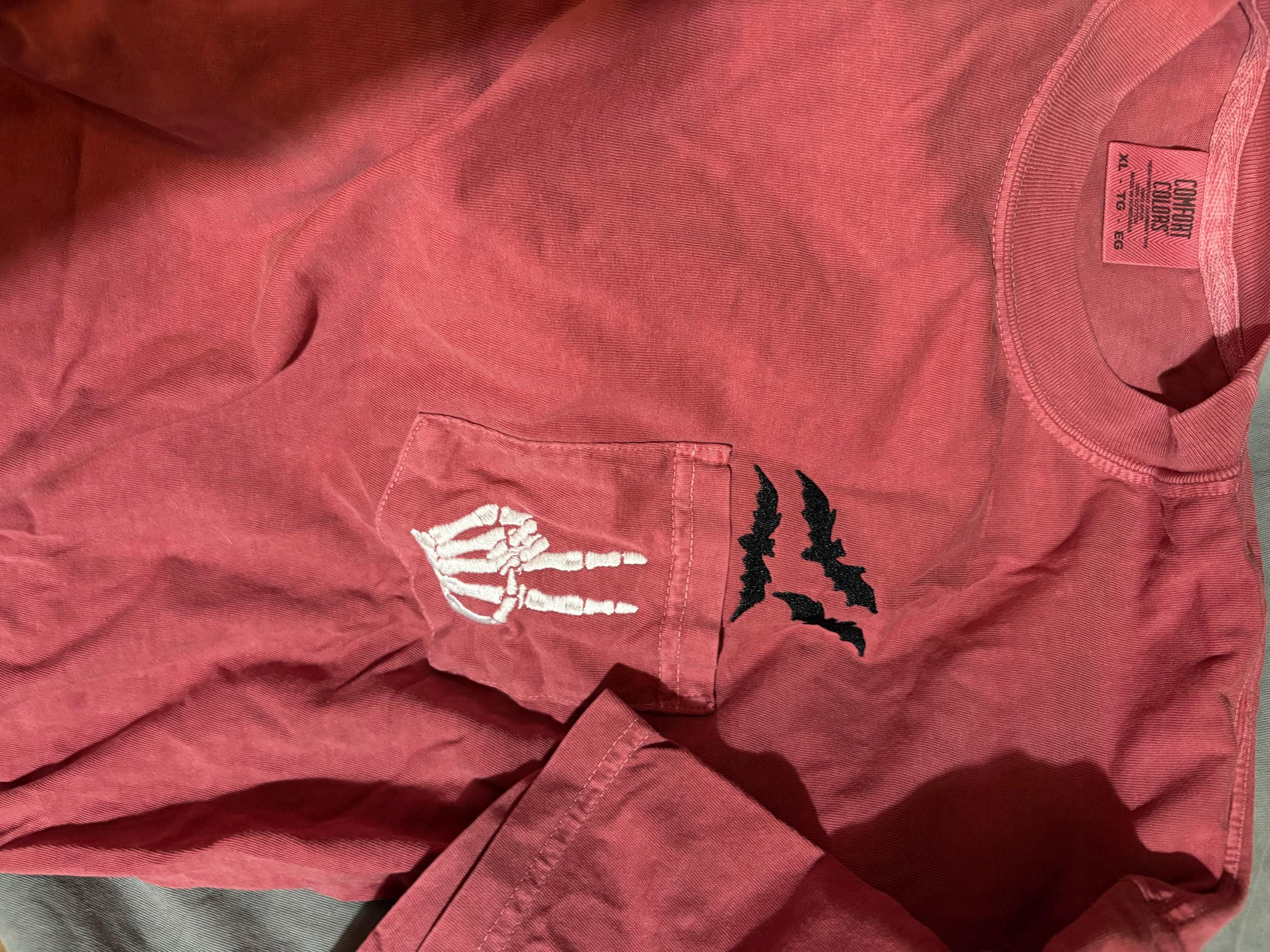 Embroidered Halloween Pocket Tee, Short Sleeve Skeleton Tshirt, Comfort Colors Pocket Tee, Spooky Shirt, Womens Halloween Shirt