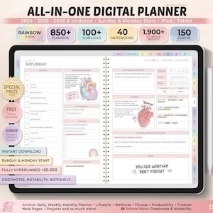 All-in-One Digital Planner 2024, 2025, 2026, Undated Digital Planner, Digital Journal, Digital Goodnotes Template, Notability, Daily Planner