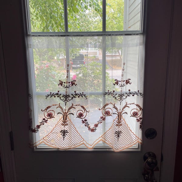 Green Vintage Flocked Lace Curtains Translucent Embroidered Gauze ...