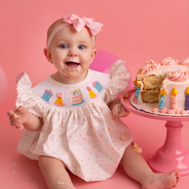 Smocked Birthday Bubble Romper in Polka Dots & Flutter