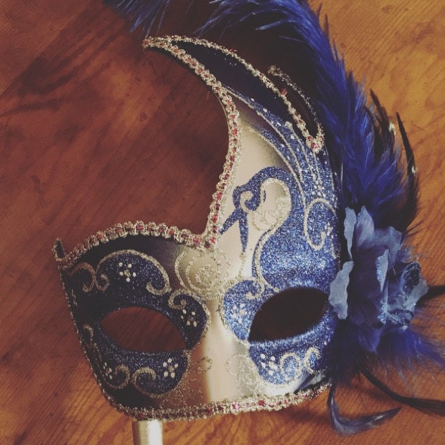 Handheld Stick Venetian Masquerade Mask for Women Silver Royal Blue M6150